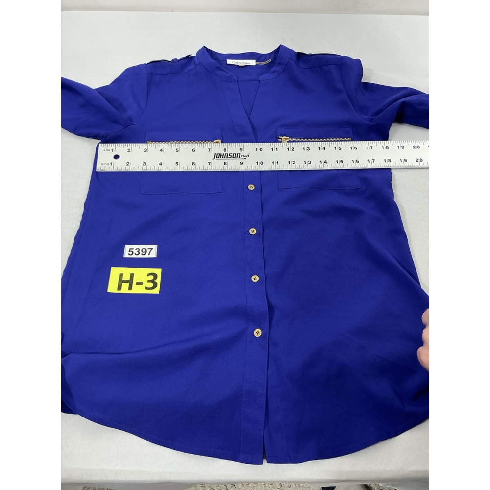 Womans Calvin Klein Button Down Blouse XS Blue Adjustable Sleeves Zip Accent - Picture 5 of 8